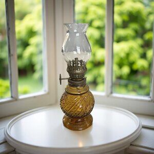 Vintage Amber Golden Yellow Miniature Oil Lamp Victorian Style 5" Tall